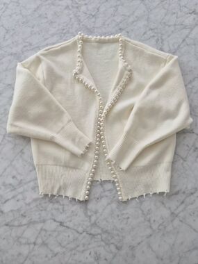 Pearl-Trim Cream Women's Cardigan Sweater